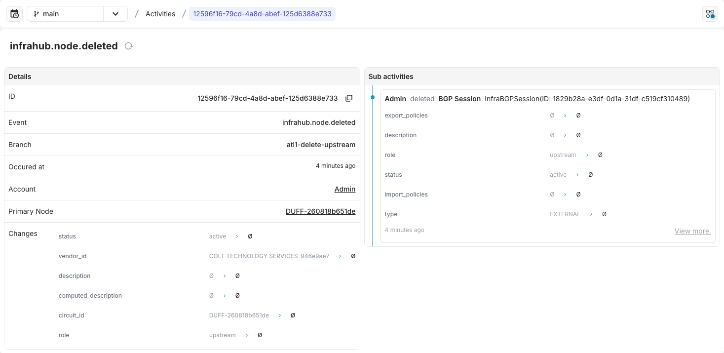 &quot;Example screenshot of Infrahub 1.2 showing the Activity Log entry details.&quot;