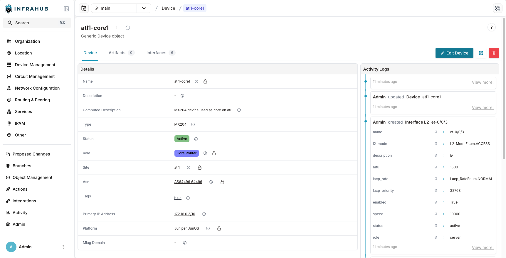 &quot;Example screenshot of Infrahub 1.2 showing the Activity Log in the node details view.&quot;